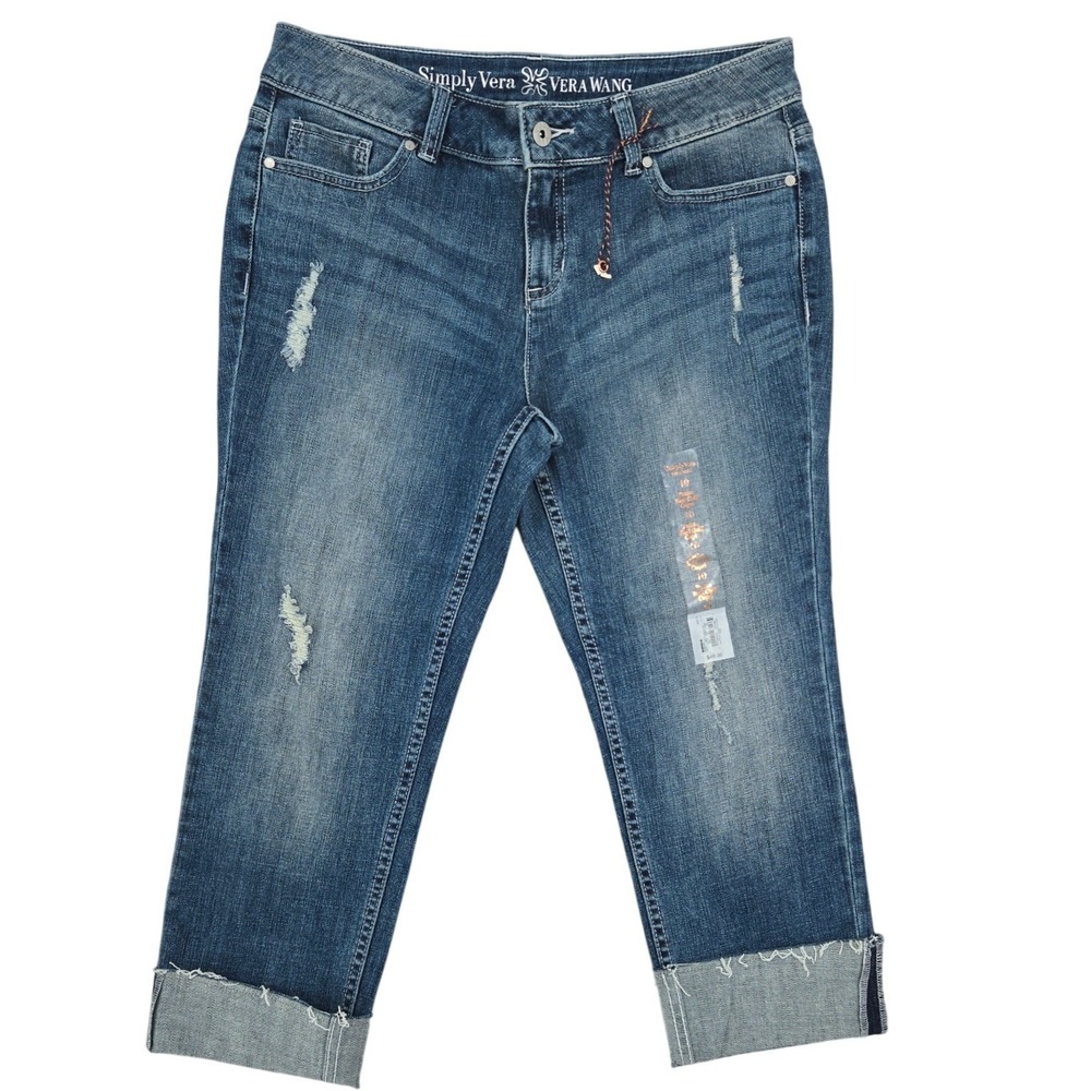 Simply Vera‎ Vera Wang Womens 10P Petite Roll Cuff Capri Distressed Jeans